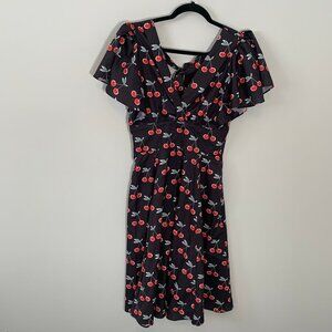 NEW Unique Vintage flutter sleeve cherry knee length lightweight swing‎ dress